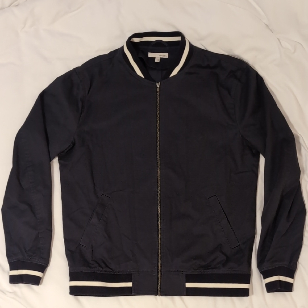 Stylish Navy Bomber Jacket with Striped Accents